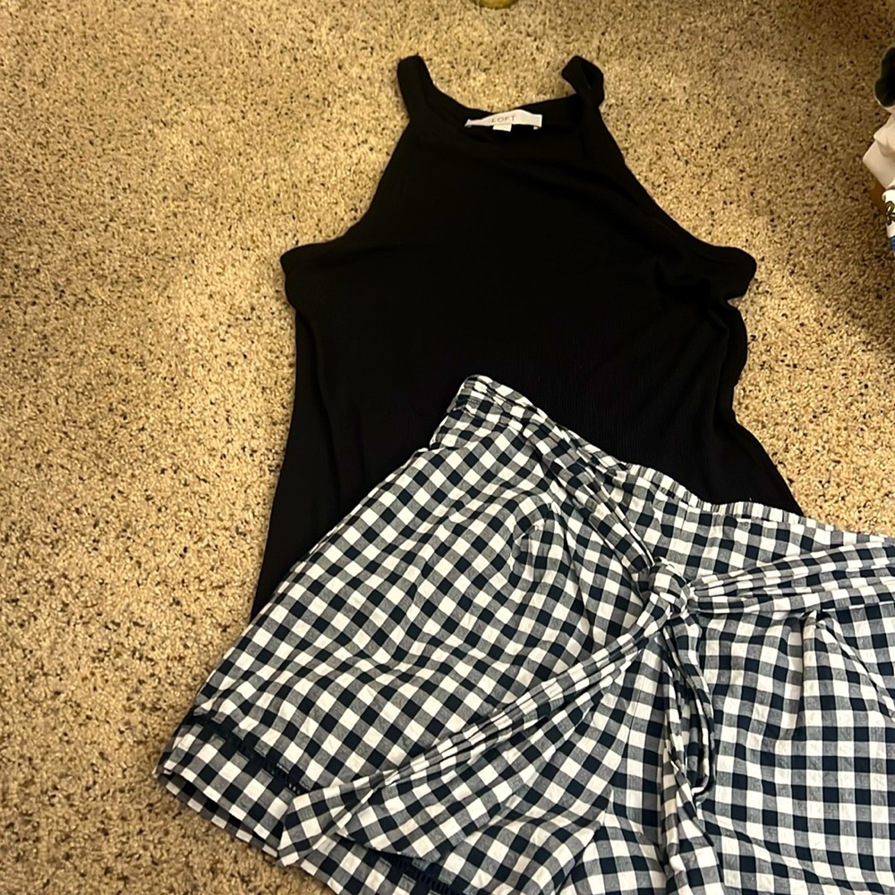 LOFT black checkered linen shorts